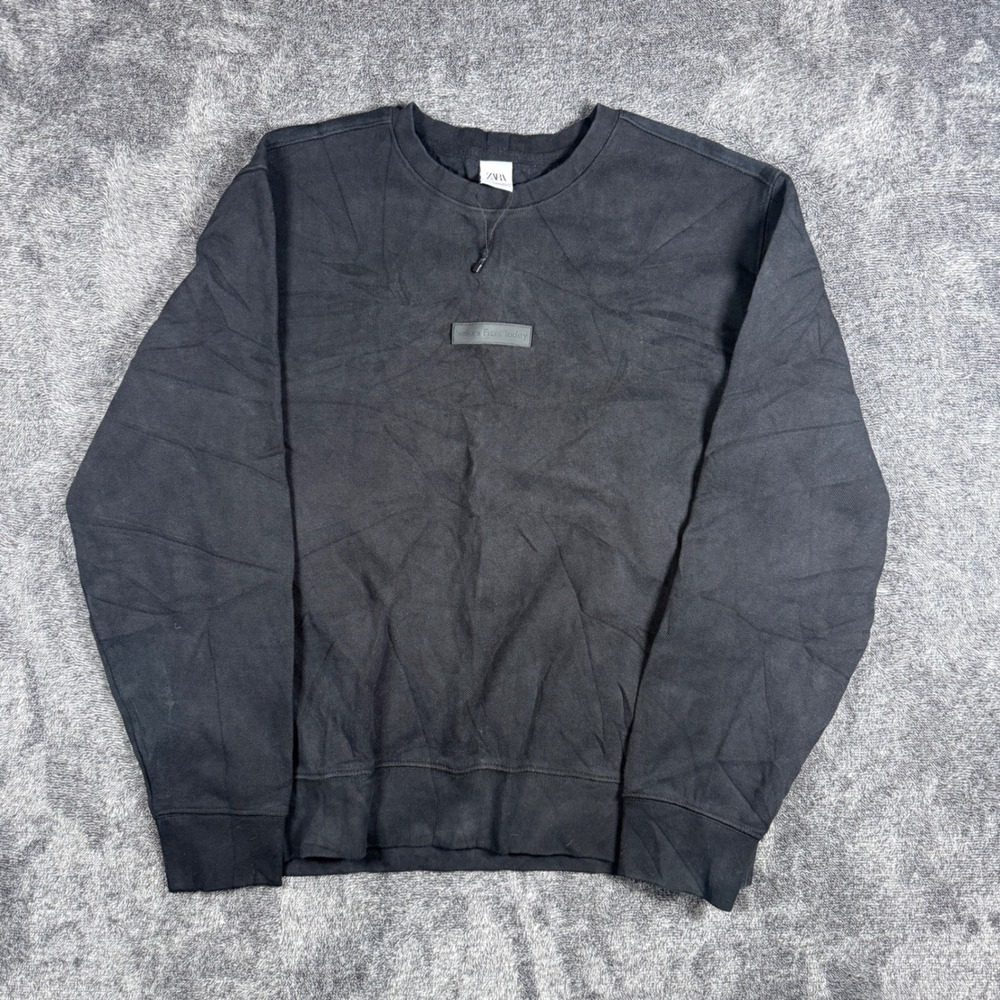 Zara Men XL Black Textured Cotton Crewneck Sweatshirt Better Than Today Patch